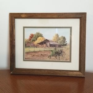 Autumn farm scene. John Deere tractor. App 4" x 7"  wood frame.